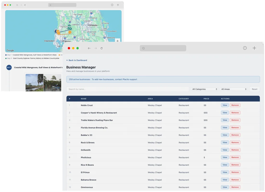 The county's Business Manager: a searchable list of every verified business, with View and Remove on each row.
