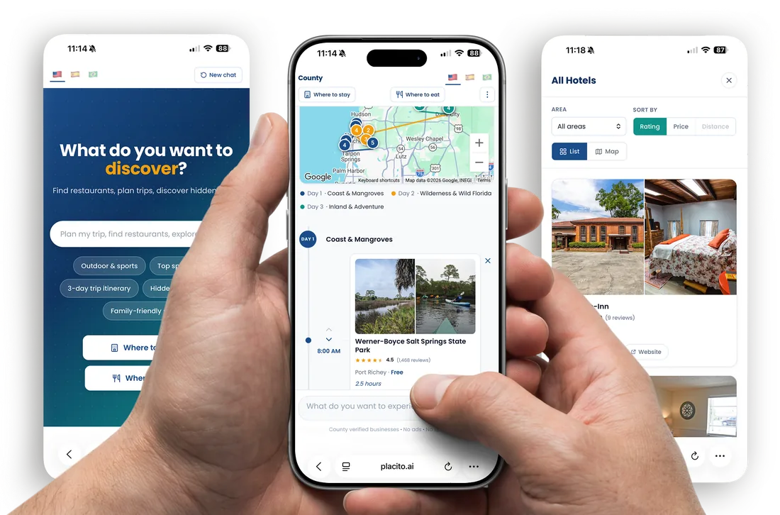 Three phone screens from the placito concierge: the opening question, a three-day itinerary with a map, and the hotel browser.