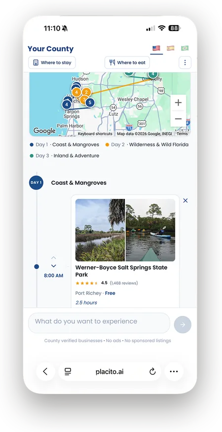 A three-day itinerary on a phone: each day mapped in its own color, with the first stop expanded to show photos, rating, area, and duration.